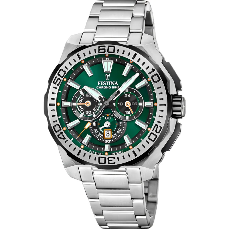 Festina Chrono Bike Green Dial Stainless Steel Strap Watch f20724/3