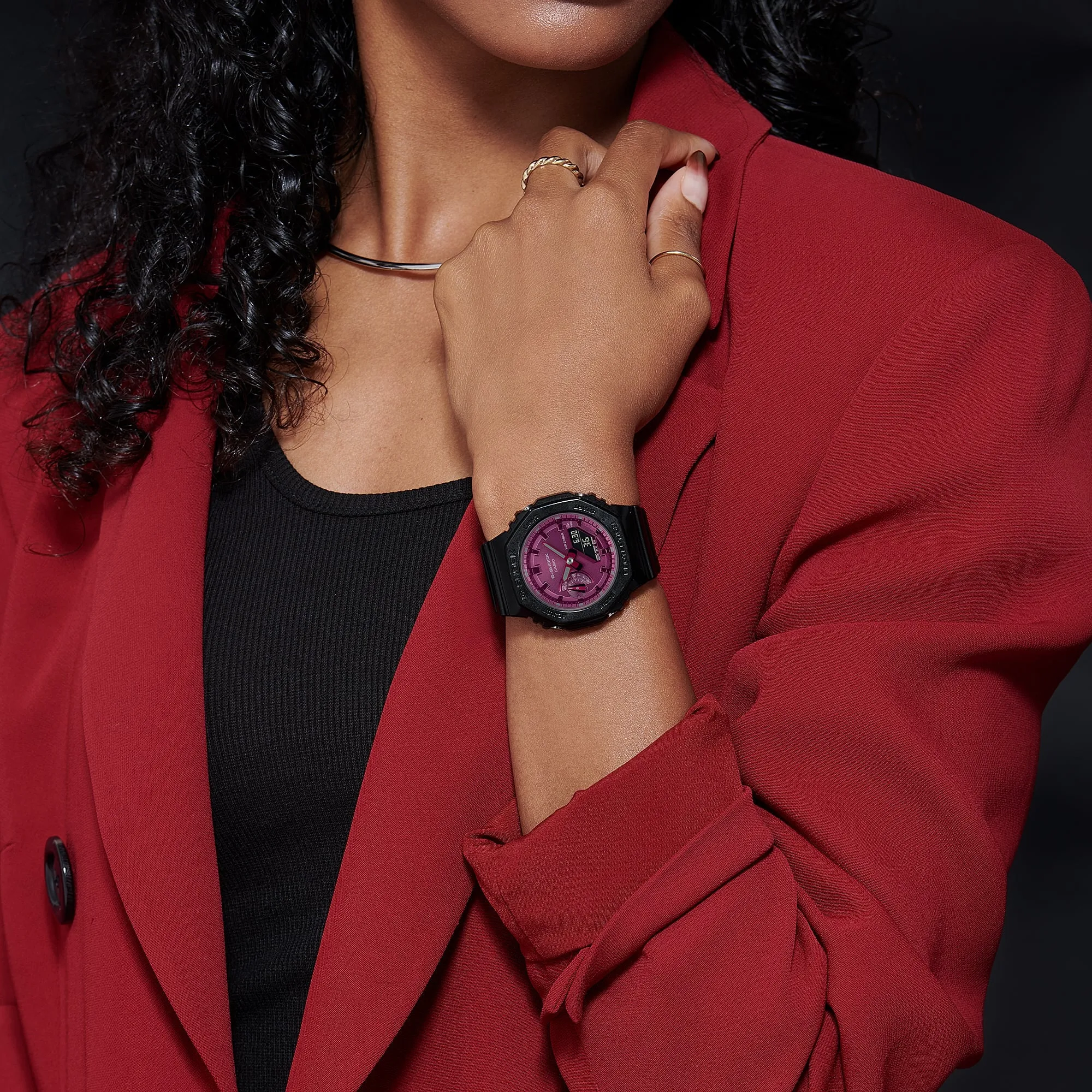 G-Shock Analog-Digital Pink Dial Black Resin Band Watch GMAS2100RB-1A