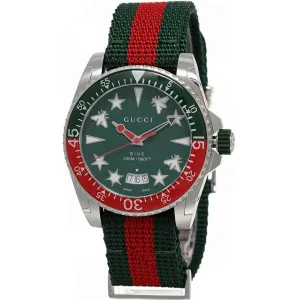 Gucci Men's Watch - Dive Quartz Silver Tone Case Green and Red Nylon Strap | YA136339