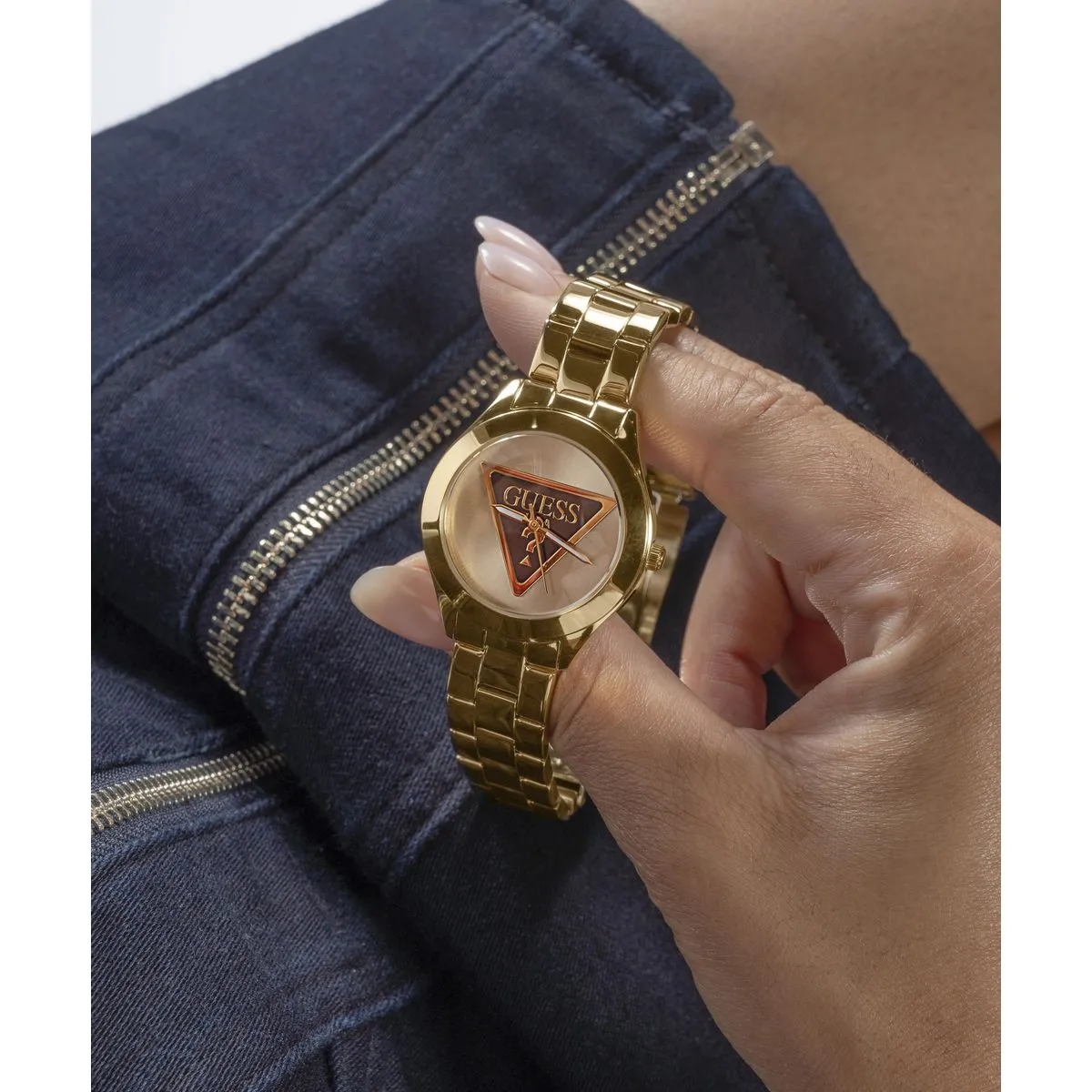 Guess Tri Plaque Champagne Dial Gold Stainless Steel Watch GW0675L2