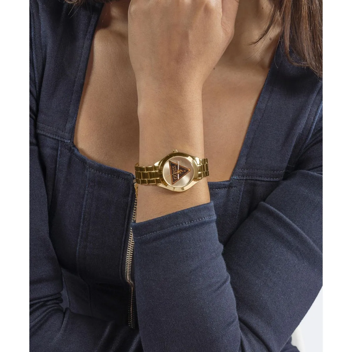 Guess Tri Plaque Champagne Dial Gold Stainless Steel Watch GW0675L2