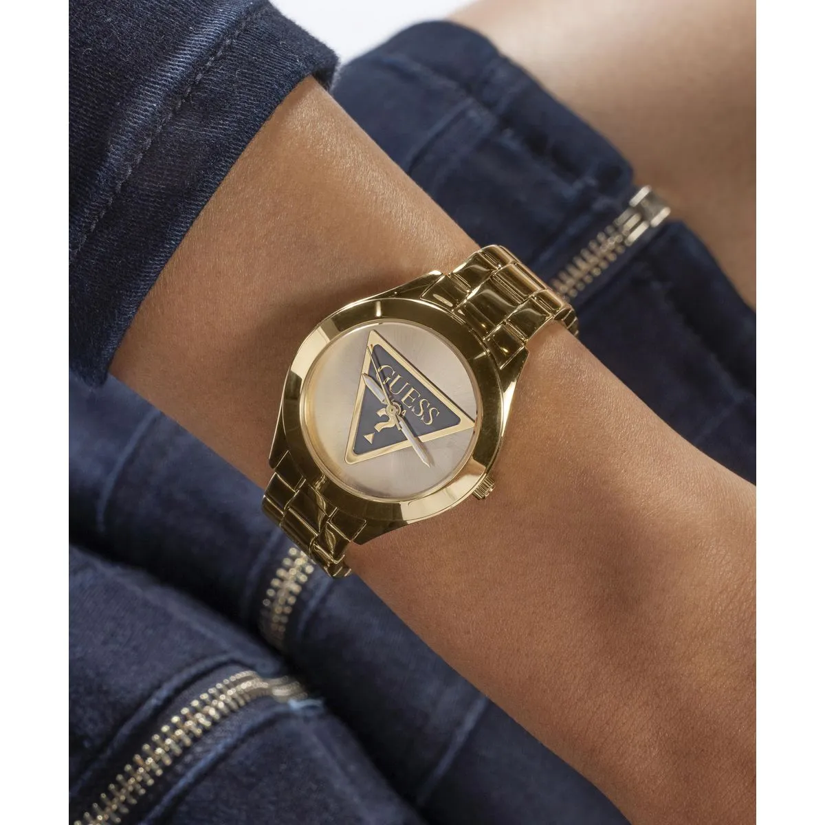 Guess Tri Plaque Champagne Dial Gold Stainless Steel Watch GW0675L2