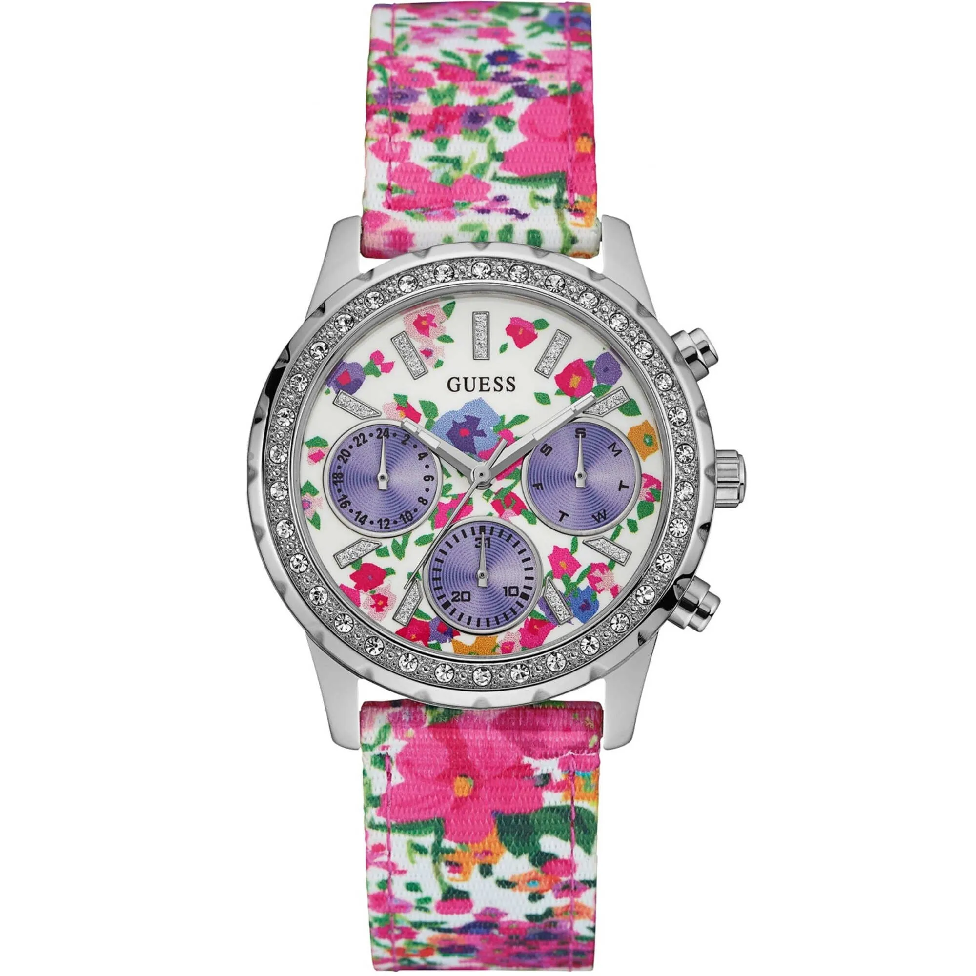 Guess Women's Watch - Melody White and Violet Dial Multicolor Nylon Strap | U0903L1