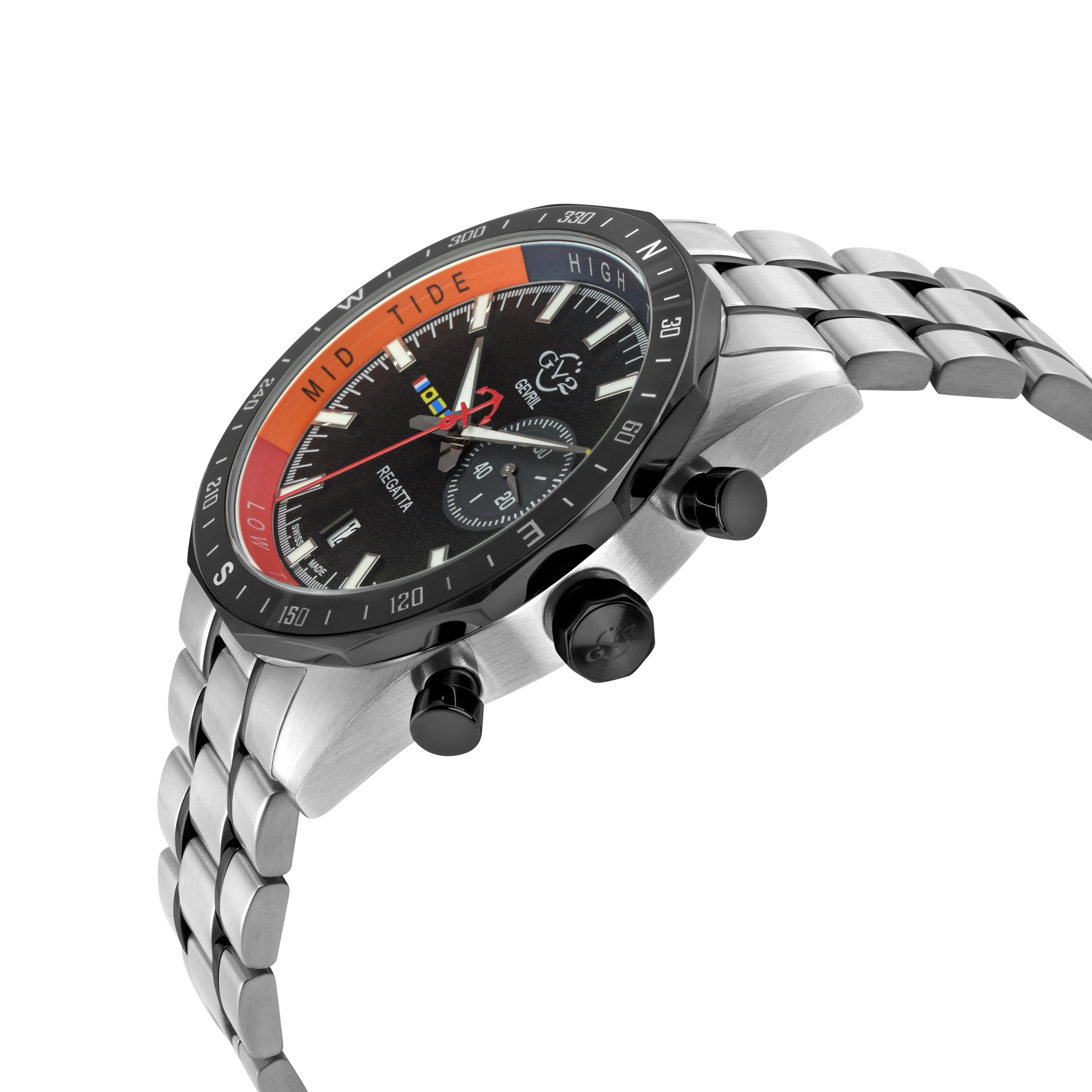 GV2 Men's Regatta 316L SS Case, Ceramic IPB Top Ring, Black Dial, Gray Counter, IPBK 316L Stainless Steel Bracelet Watch.
