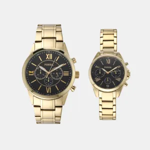 His and Her Couple Quartz Black Dial Chronograph Stainless Steel Watch BQ2400SET