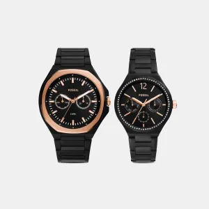 His and Her Couple Quartz Black Dial Multi-Function Stainless Steel Watch BQ2645SET