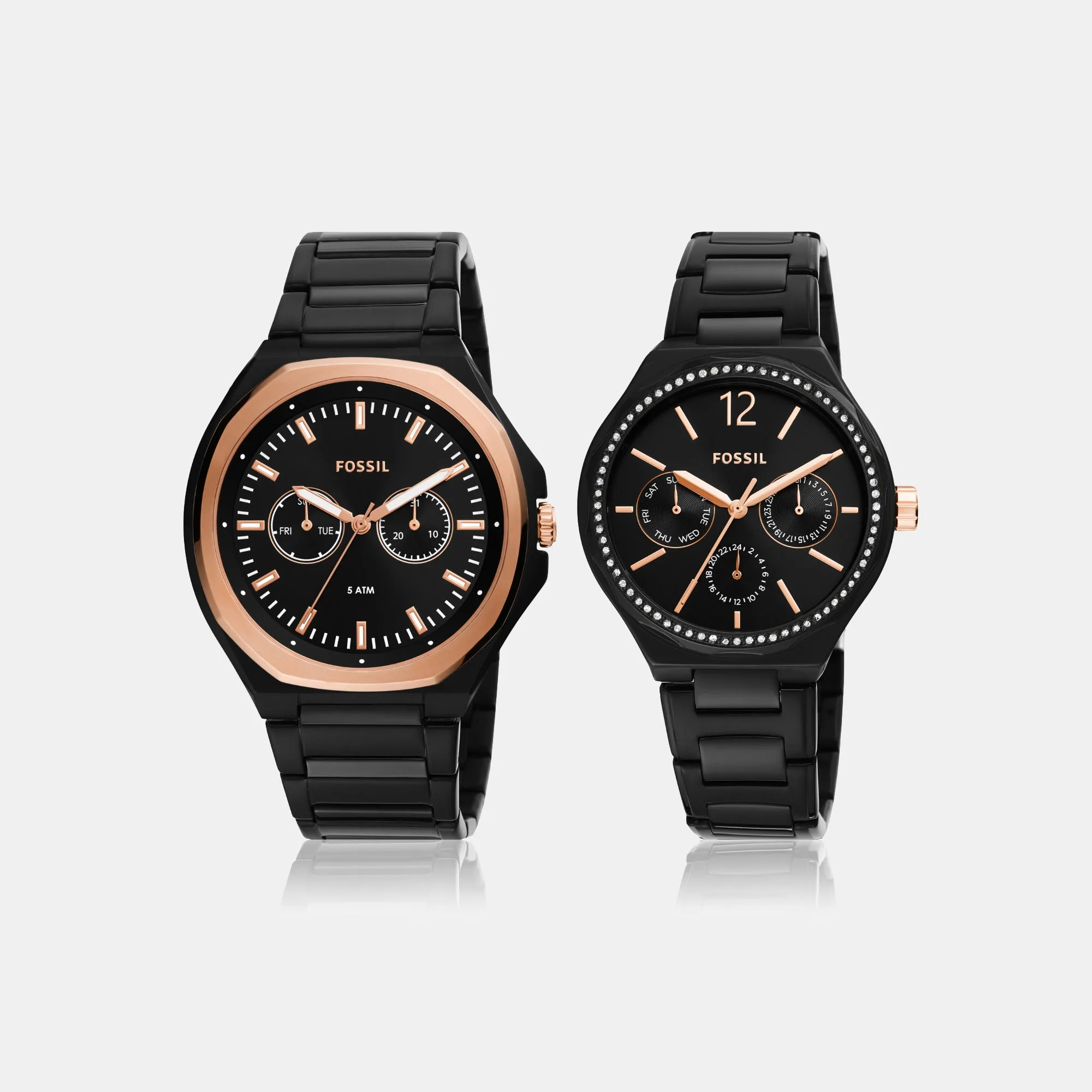 His and Her Couple Quartz Black Dial Multi-Function Stainless Steel Watch BQ2645SET