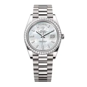Introducing the 2024 Rolex Day-Date 40mm Ref: 228349rbr-0046 in 18k white gold presidential bracelet, white mother of pearl diamond dial. View it now!