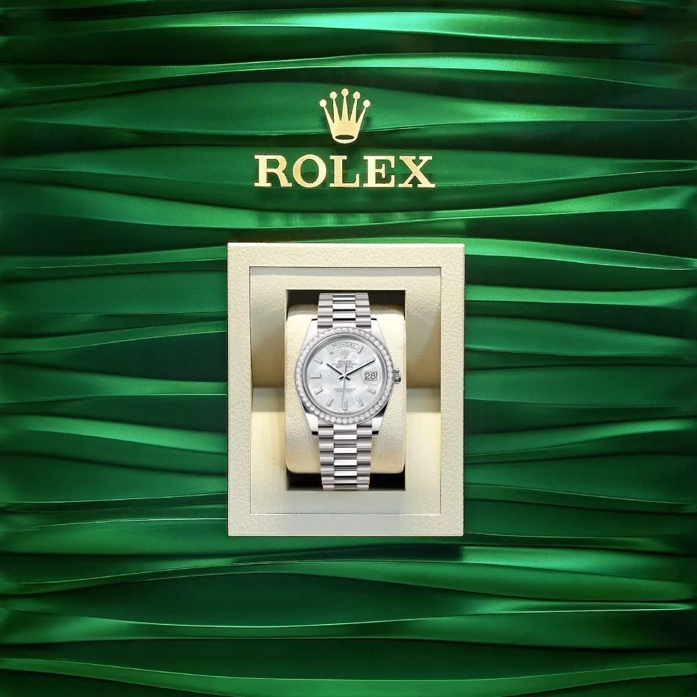 Introducing the 2024 Rolex Day-Date 40mm Ref: 228349rbr-0046 in 18k white gold presidential bracelet, white mother of pearl diamond dial. View it now!