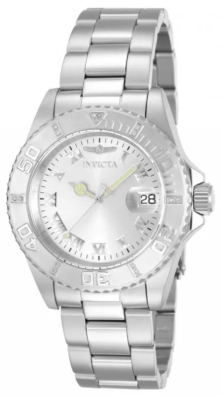 Invicta 12819 Women's Steel Bracelet Swiss Quartz Pro Diver Diamond Silver Dial Date Watch