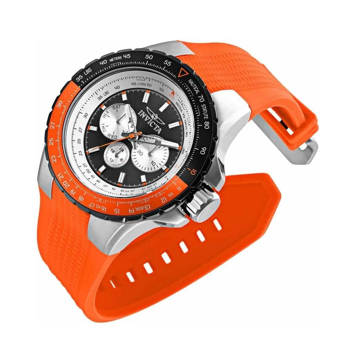Invicta Men's Quartz Watch - Aviator Black and Silver Dial Orange Rubber Strap | 33035