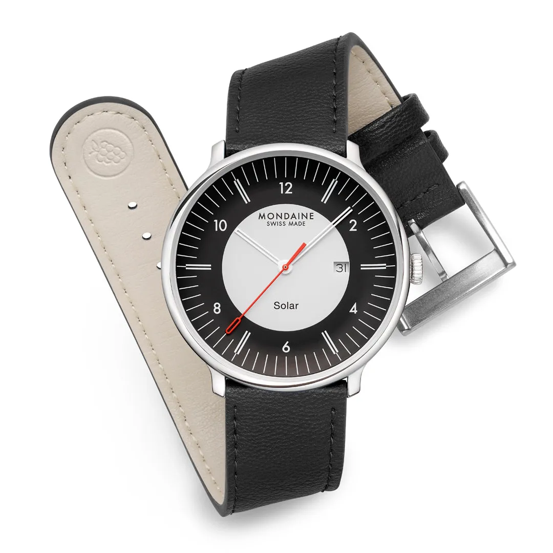 Mondaine Doppio Solar Black Leather Watch MLE.41920.LBV