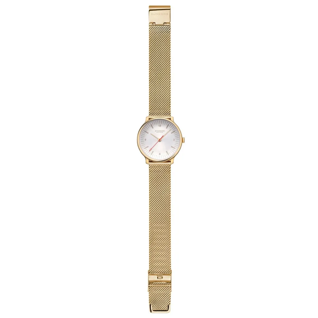 Mondaine Doppio White Dial Gold Mesh Bracelet Watch MLE.33111.SM