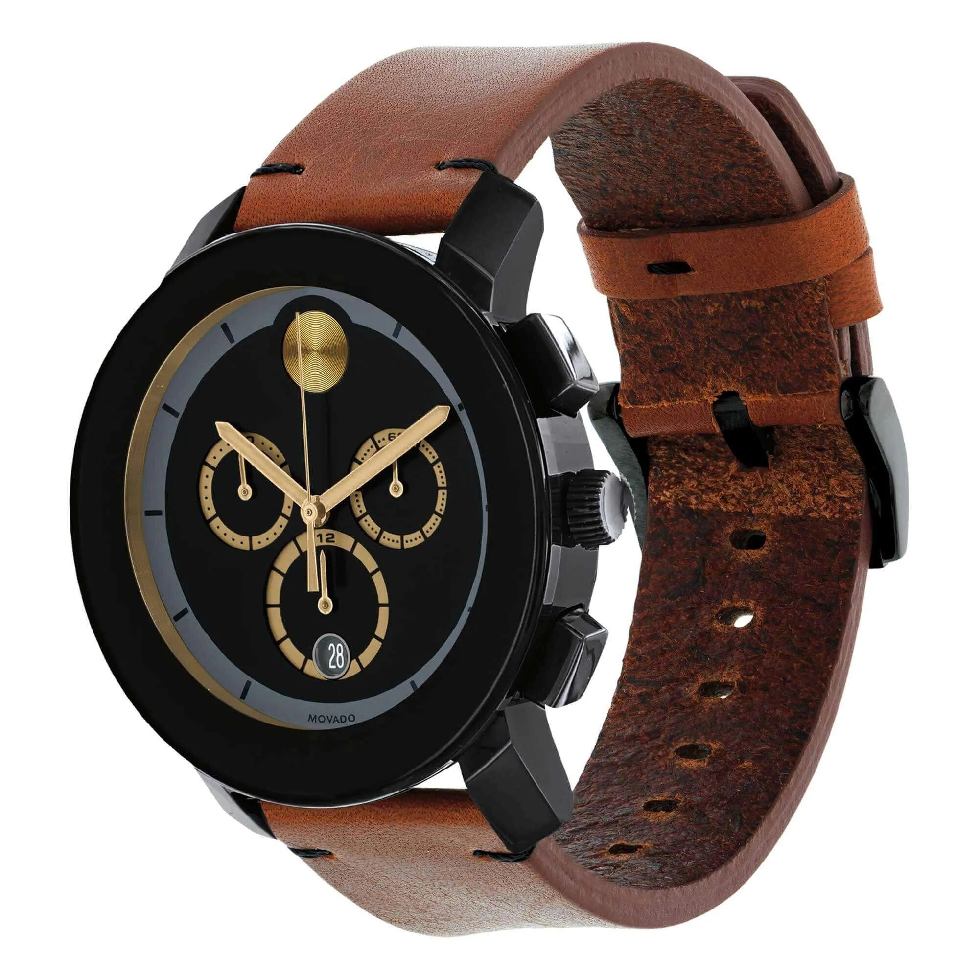 Movado Men's Chronograph Watch - Trend Black Dial Dark Brown Leather Strap | 3600540