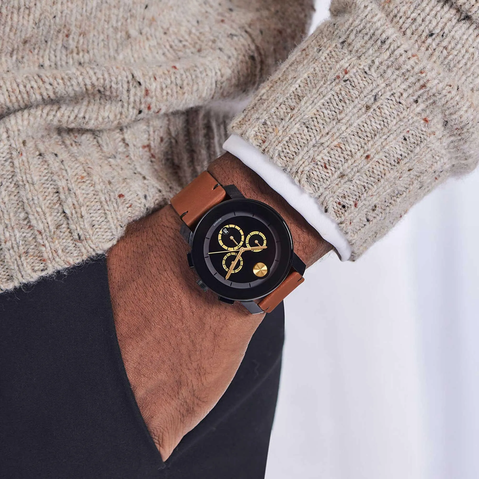 Movado Men's Chronograph Watch - Trend Black Dial Dark Brown Leather Strap | 3600540