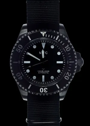 MWC 24 Jewel 1982 Pattern 300m Automatic Military Divers Watch in Black PVD with a Sapphire Crystal on a NATO Webbing Strap (Non Date Version)