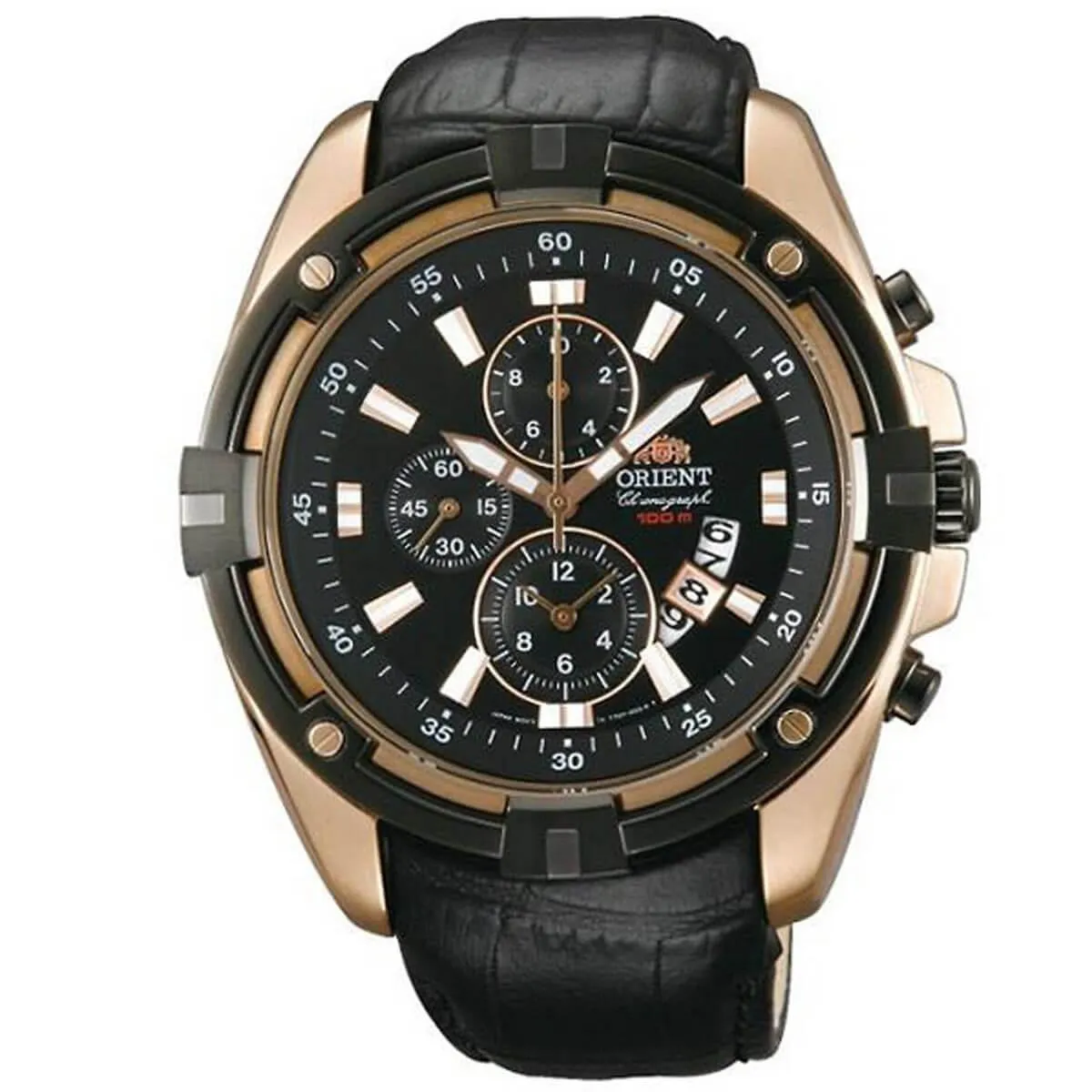 Orient Men's Chronograph Watch - Sporty Black Dial Leather Strap | FTT0Y004B