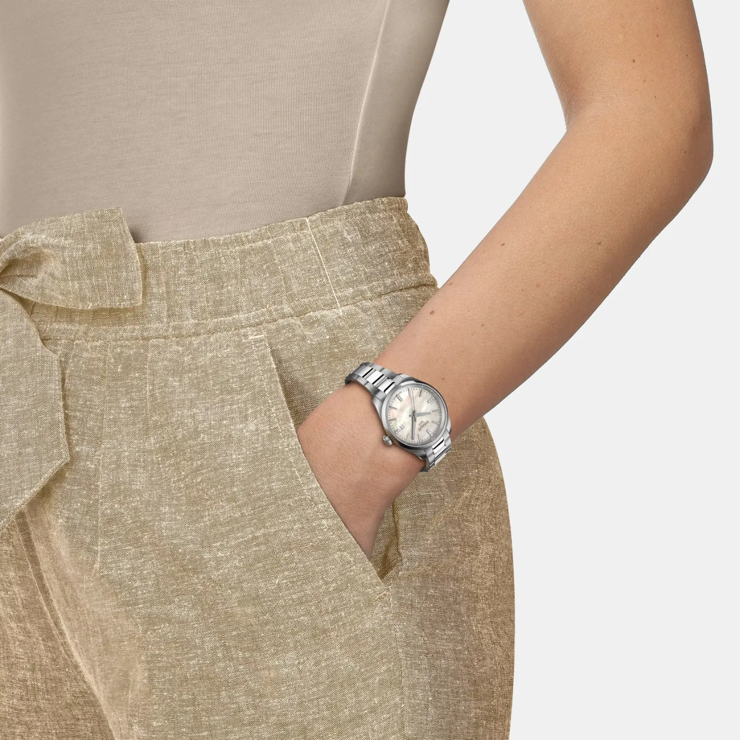 PR 100 Women Quartz White Mother Of Pearl Dial Analog Stainless Steel Watch T1502101111600