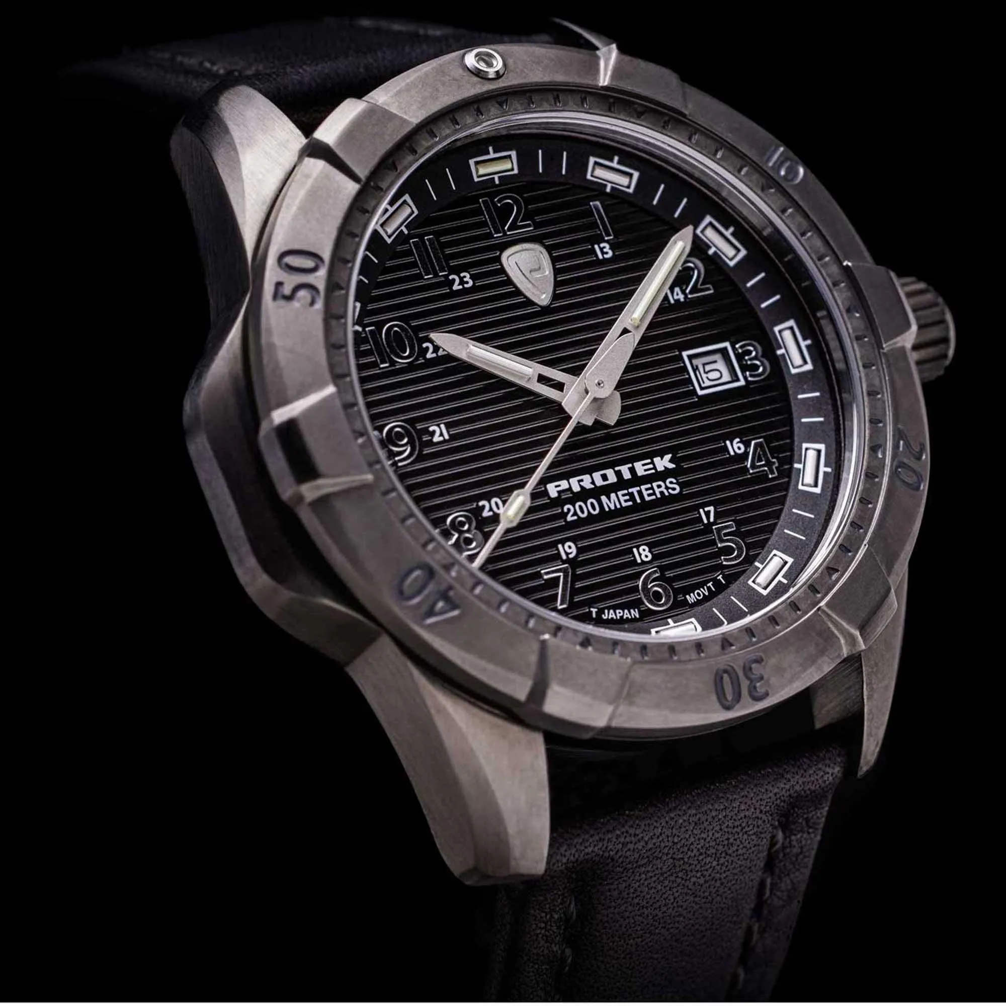 Protek Unisex Watch - Dive Series Rotating Bezel Genuine Black Leather Strap | 2002