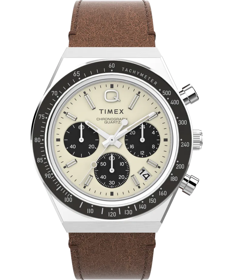 Q Timex Chronograph 40mm Brown Leather Strap Watch TW2V42800