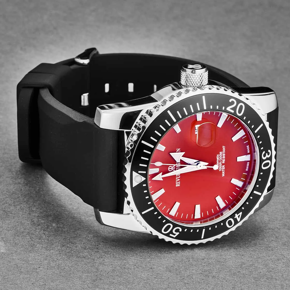 Revue Thommen Men's 17030.2536 'Diver' Red Dial Black Rubber Strap Swiss Automatic Watch