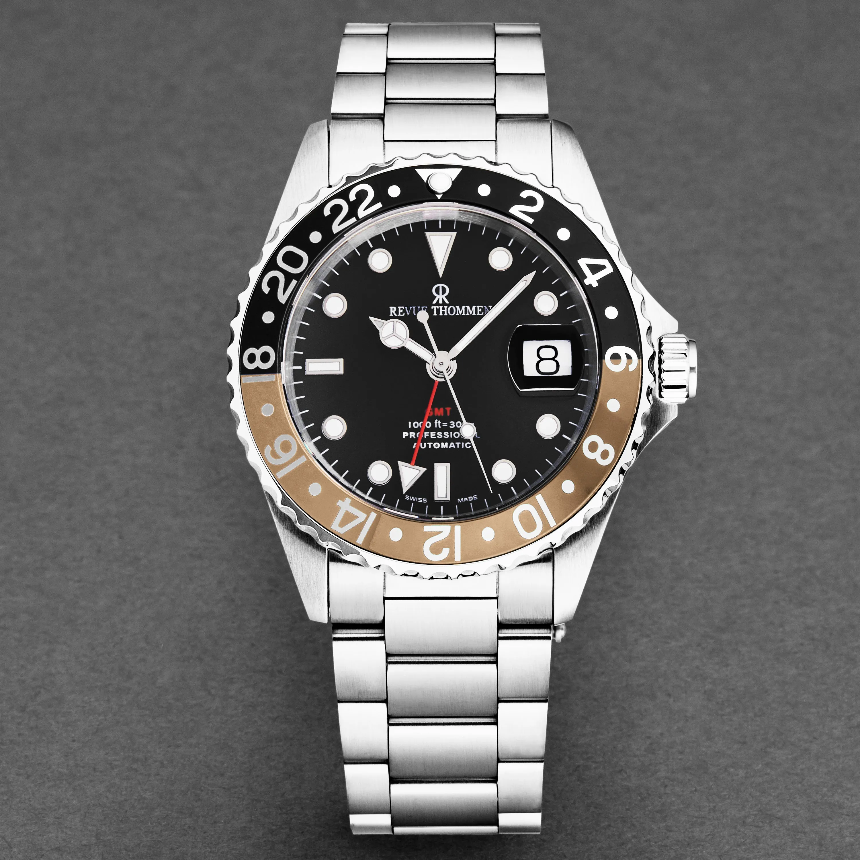 Revue Thommen Men's 'Diver' Black Dial Black and Beige Bezel GMT Automatic Watch 17572.2132