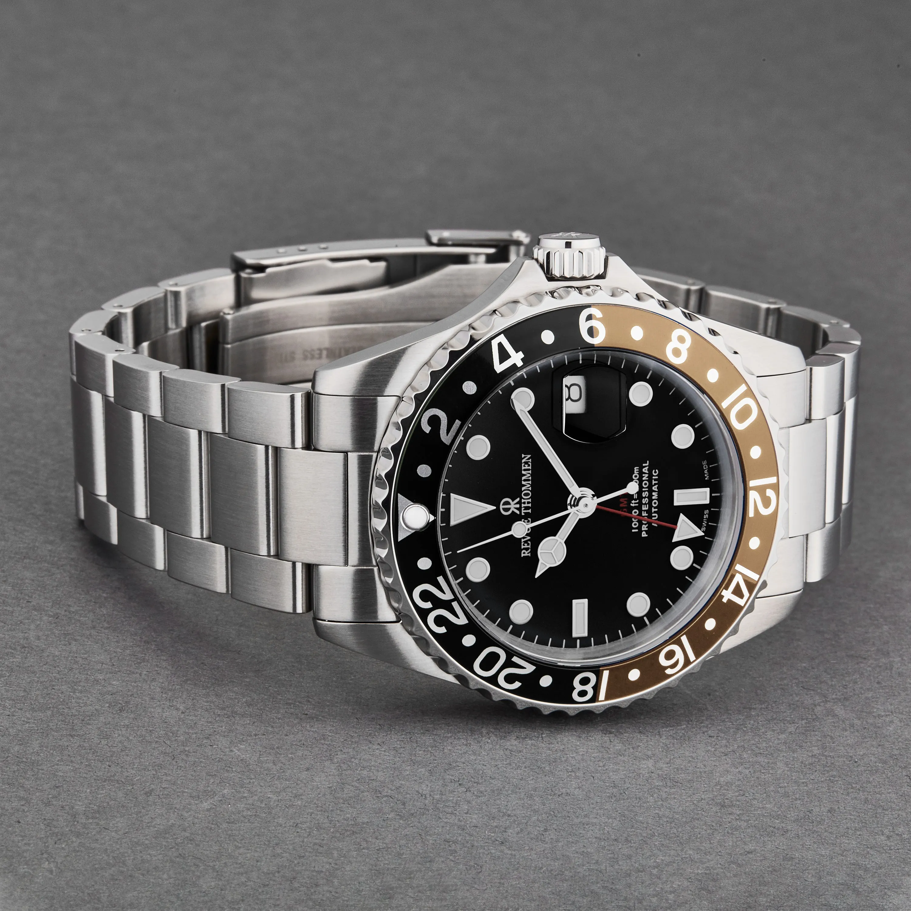 Revue Thommen Men's 'Diver' Black Dial Black and Beige Bezel GMT Automatic Watch 17572.2132