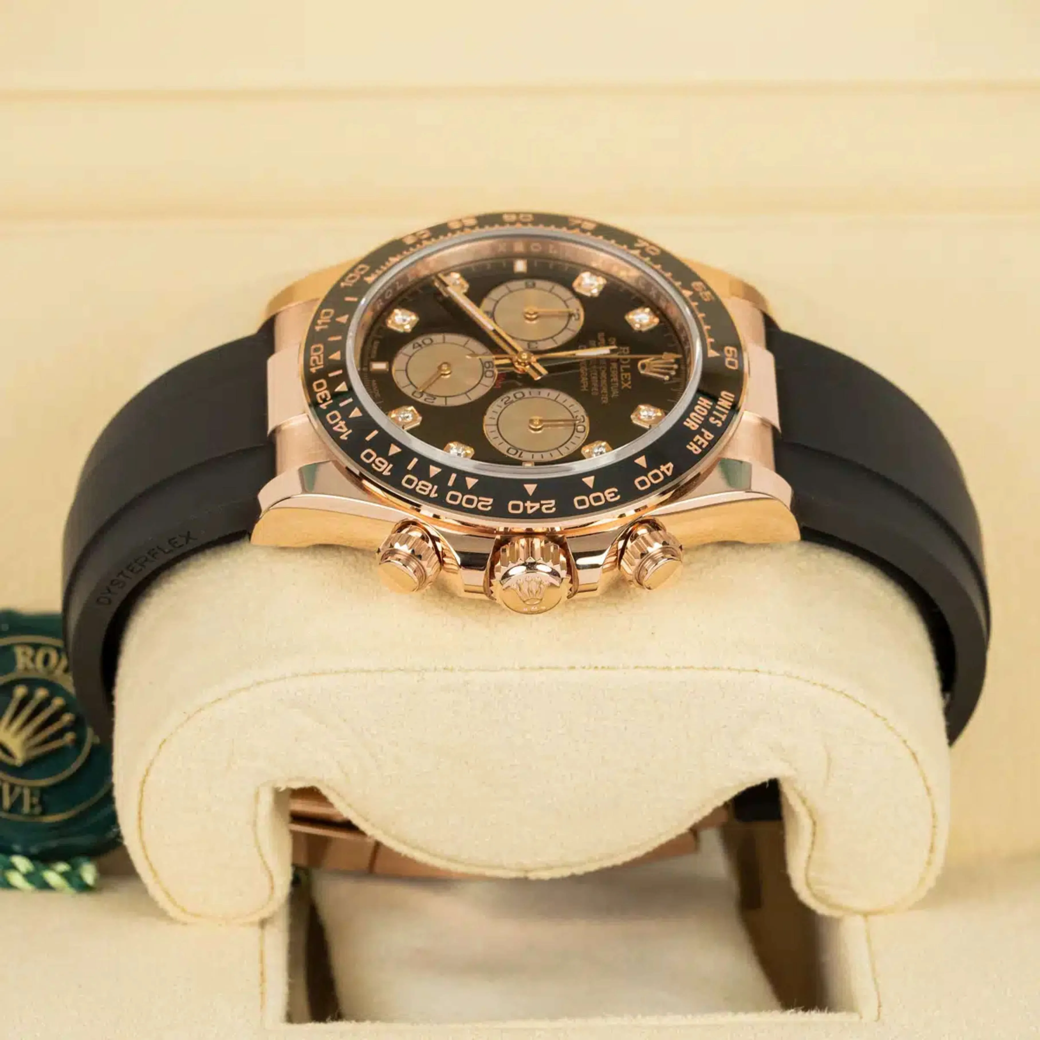 Rolex Cosmograph Daytona 40mm - Ref: 126515LN - Bright Black & Sundust Diamond Dial & Ceramic Bezel, 18K Rose Gold Case Black Oysterflex Bracelet Men's Watch