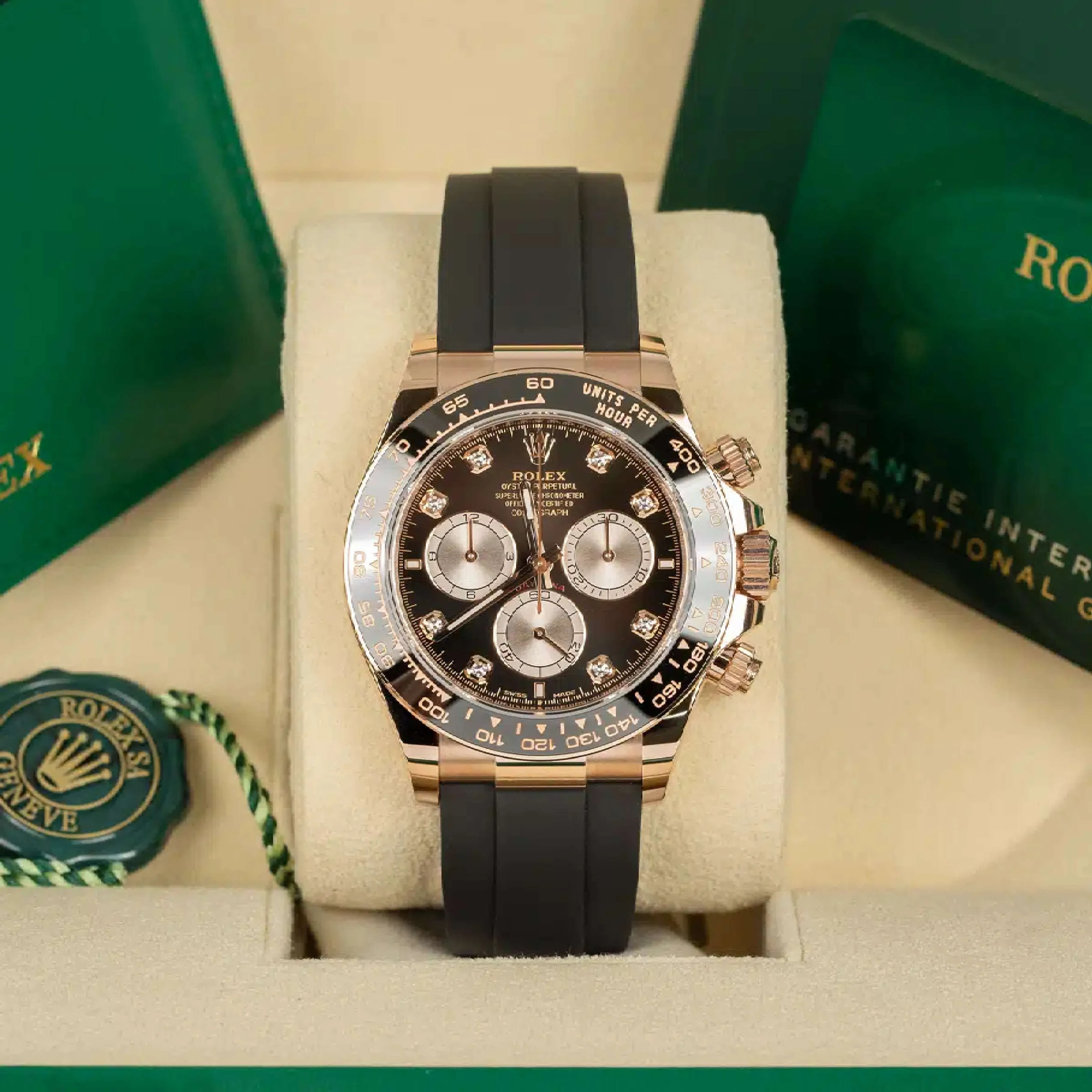 Rolex Cosmograph Daytona 40mm - Ref: 126515LN - Bright Black & Sundust Diamond Dial & Ceramic Bezel, 18K Rose Gold Case Black Oysterflex Bracelet Men's Watch