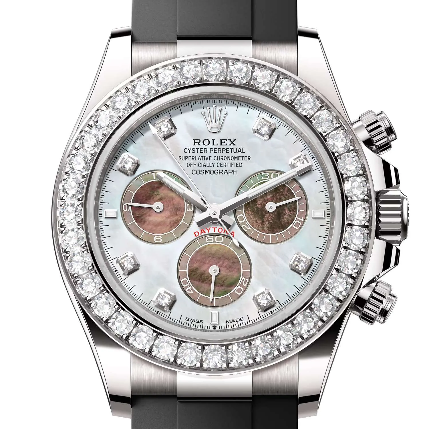 Rolex Cosmograph Daytona 40mm - Ref: 126589rbr-0001 - White & Black Mother of Pearl Diamond Dial & Diamond Bezel, 18K White Gold Case Black Oysterflex Bracelet Men's Watch