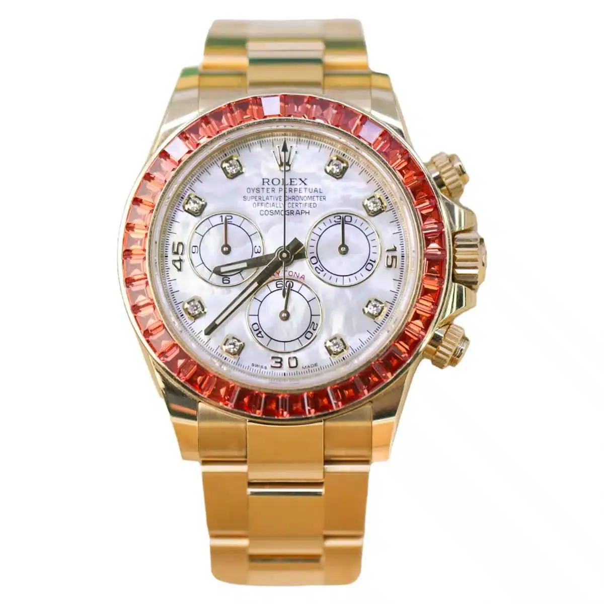 Rolex Cosmograph Daytona "Saco" 40mm - Ref: 116578SACO - White Mother of Pearl Diamond Dial & Orange Sapphire Bezel, 18K Yellow Gold Oyster Bracelet Men's Watch