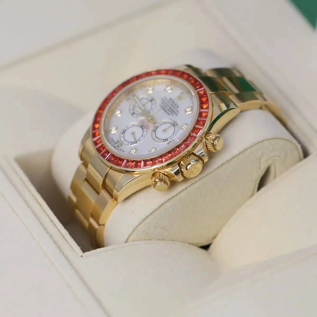 Rolex Cosmograph Daytona "Saco" 40mm - Ref: 116578SACO - White Mother of Pearl Diamond Dial & Orange Sapphire Bezel, 18K Yellow Gold Oyster Bracelet Men's Watch