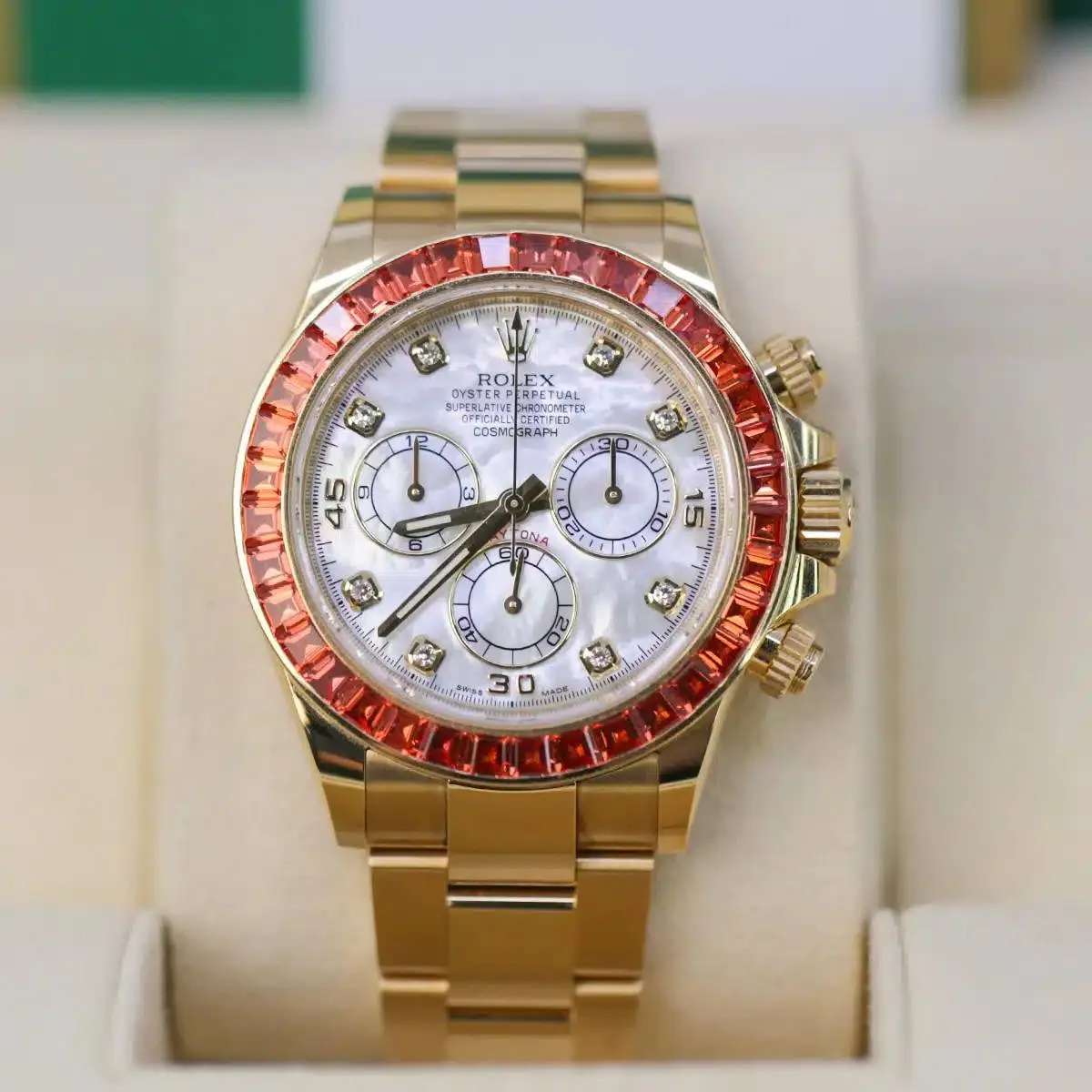 Rolex Cosmograph Daytona "Saco" 40mm - Ref: 116578SACO - White Mother of Pearl Diamond Dial & Orange Sapphire Bezel, 18K Yellow Gold Oyster Bracelet Men's Watch