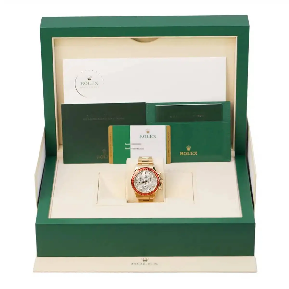Rolex Cosmograph Daytona "Saco" 40mm - Ref: 116578SACO - White Mother of Pearl Diamond Dial & Orange Sapphire Bezel, 18K Yellow Gold Oyster Bracelet Men's Watch