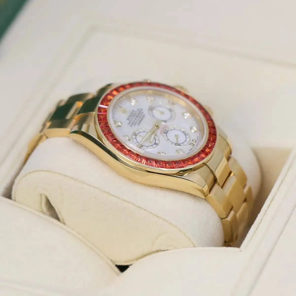 Rolex Cosmograph Daytona "Saco" 40mm - Ref: 116578SACO - White Mother of Pearl Diamond Dial & Orange Sapphire Bezel, 18K Yellow Gold Oyster Bracelet Men's Watch