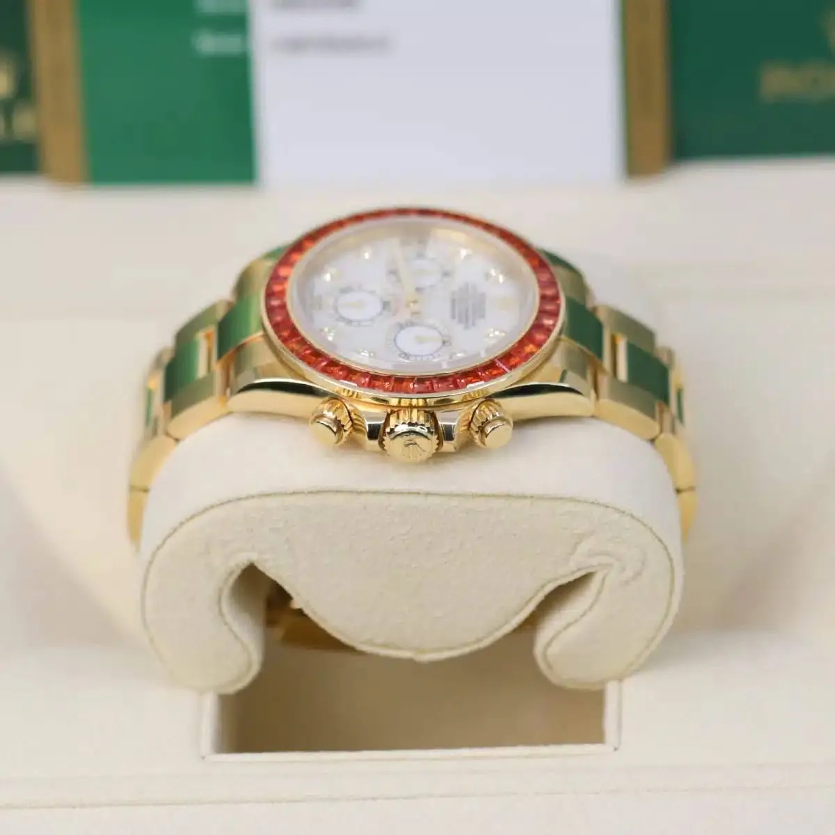 Rolex Cosmograph Daytona "Saco" 40mm - Ref: 116578SACO - White Mother of Pearl Diamond Dial & Orange Sapphire Bezel, 18K Yellow Gold Oyster Bracelet Men's Watch