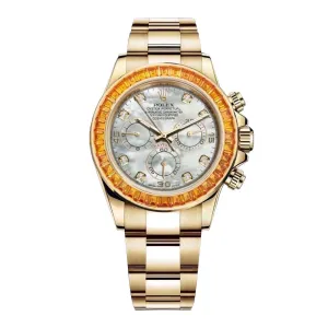 Rolex Cosmograph Daytona "Saco" 40mm - Ref: 116578SACO - White Mother of Pearl Diamond Dial & Orange Sapphire Bezel, 18K Yellow Gold Oyster Bracelet Men's Watch