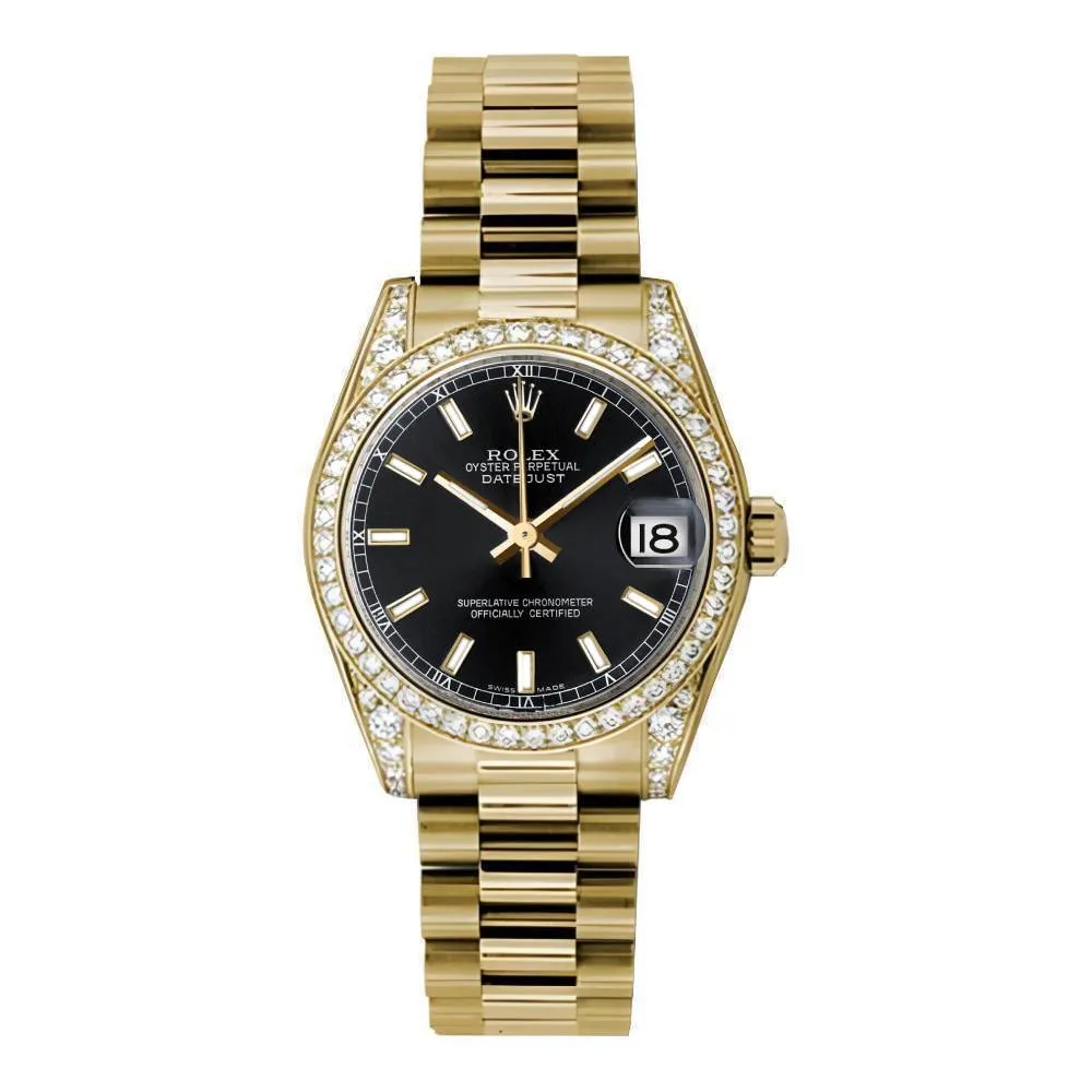Rolex Datejust 31mm - Ref: 178158 bkip - Black Dial & Diamond Bezel, 18K Yellow Gold President Bracelet Women's Watch