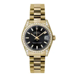 Rolex Datejust 31mm - Ref: 178158 bkip - Black Dial & Diamond Bezel, 18K Yellow Gold President Bracelet Women's Watch