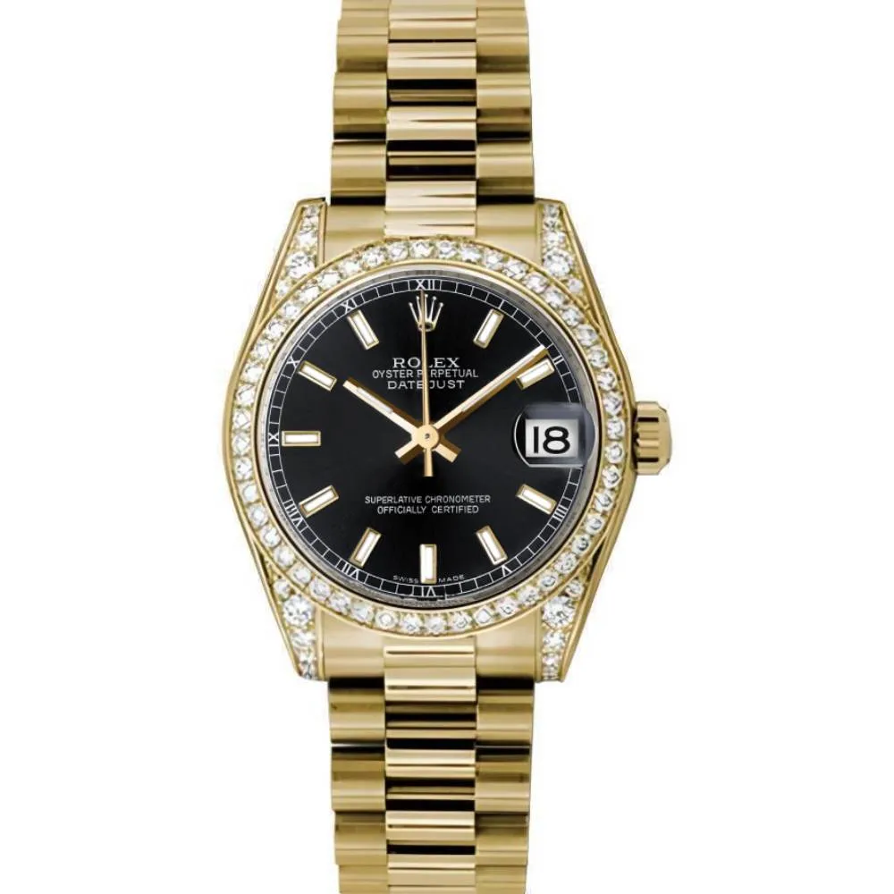 Rolex Datejust 31mm - Ref: 178158 bkip - Black Dial & Diamond Bezel, 18K Yellow Gold President Bracelet Women's Watch