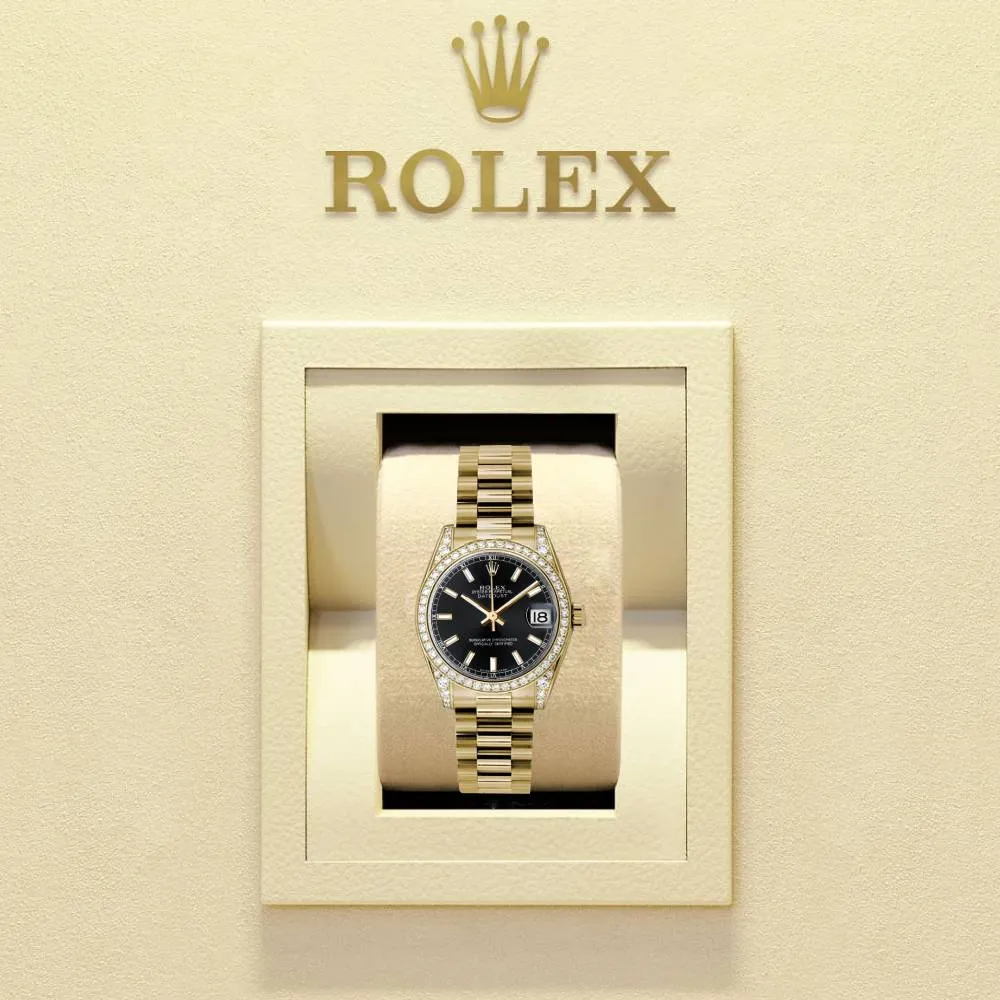 Rolex Datejust 31mm - Ref: 178158 bkip - Black Dial & Diamond Bezel, 18K Yellow Gold President Bracelet Women's Watch
