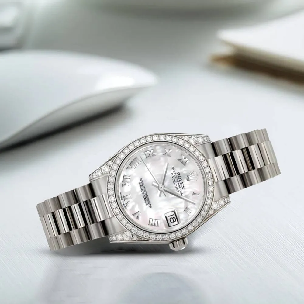 Rolex Datejust 31mm - Ref: 178159 mrp - White Mother of Pearl Dial & Diamond Bezel, 18K White Gold President Bracelet Women's Watch