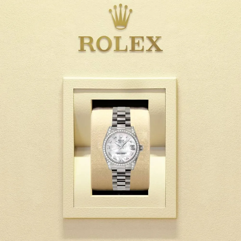 Rolex Datejust 31mm - Ref: 178159 mrp - White Mother of Pearl Dial & Diamond Bezel, 18K White Gold President Bracelet Women's Watch