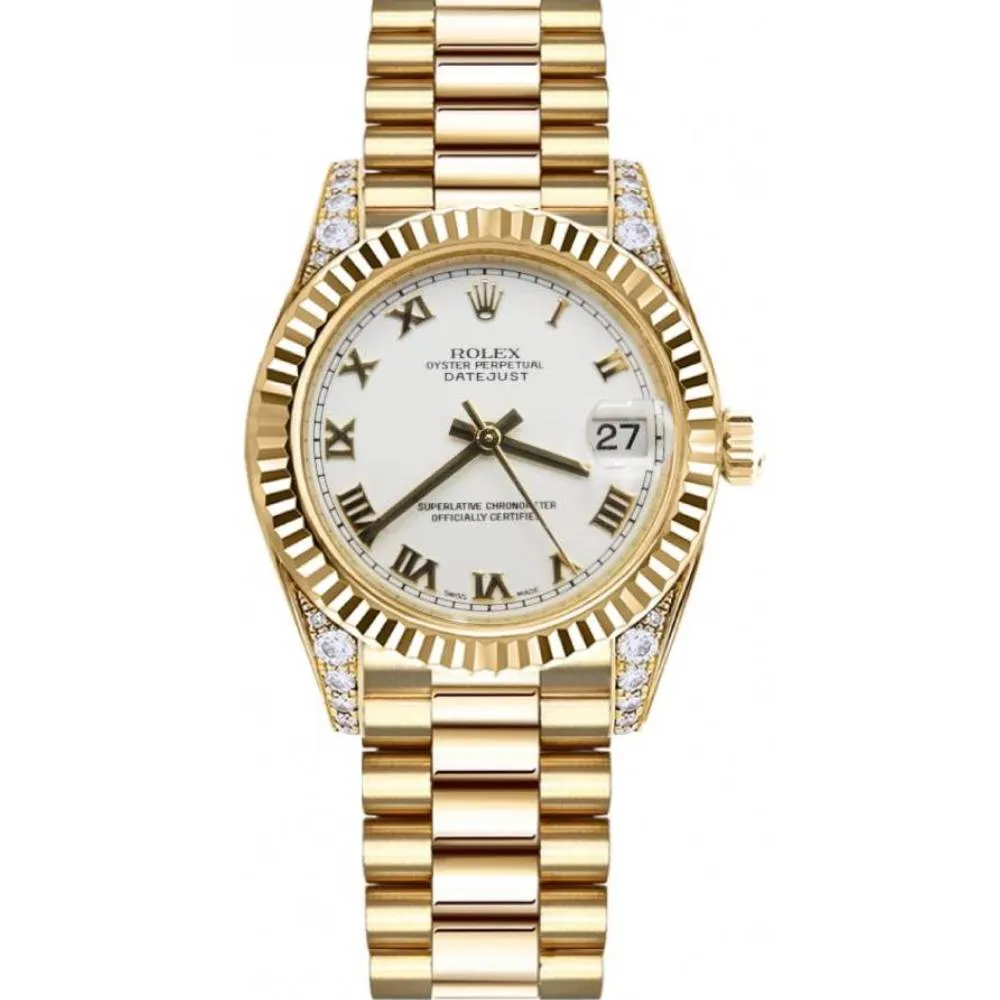 Rolex Datejust 31mm - Ref: 178238 wrp - White Roman Dial & Diamond Case, 18K Yellow Gold President Bracelet Women's Watch