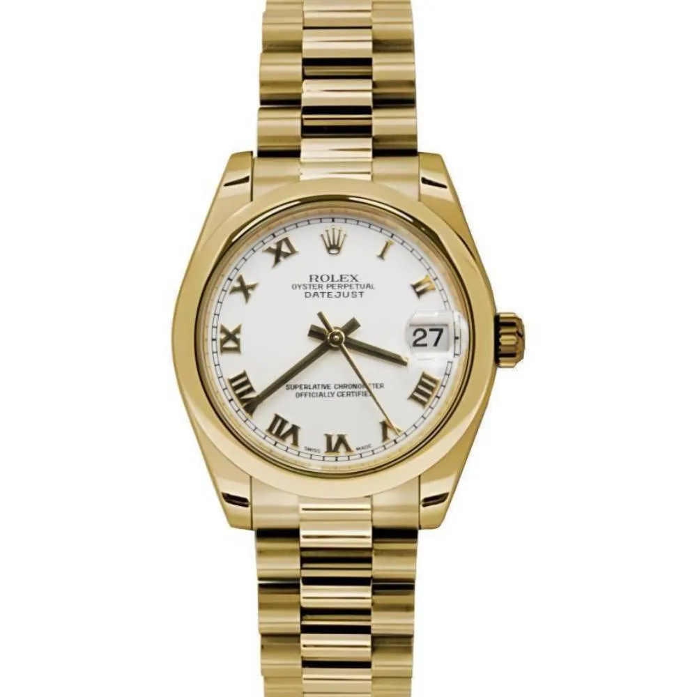 Rolex Datejust 31mm - Ref: 178248 wrp - White Roman Dial, 18K Yellow Gold President Bracelet Women's Watch