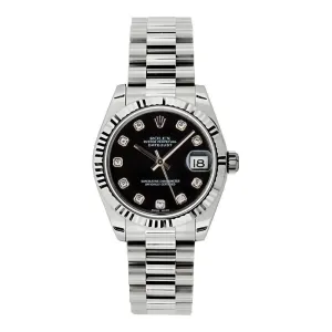 Rolex Datejust 31mm - Ref: 178279 bkdp - Black Dial & Diamond Bezel, 18K White Gold President Bracelet Women's Watch