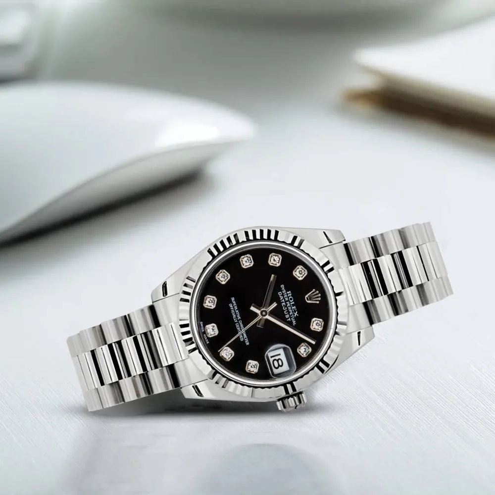 Rolex Datejust 31mm - Ref: 178279 bkdp - Black Dial & Diamond Bezel, 18K White Gold President Bracelet Women's Watch