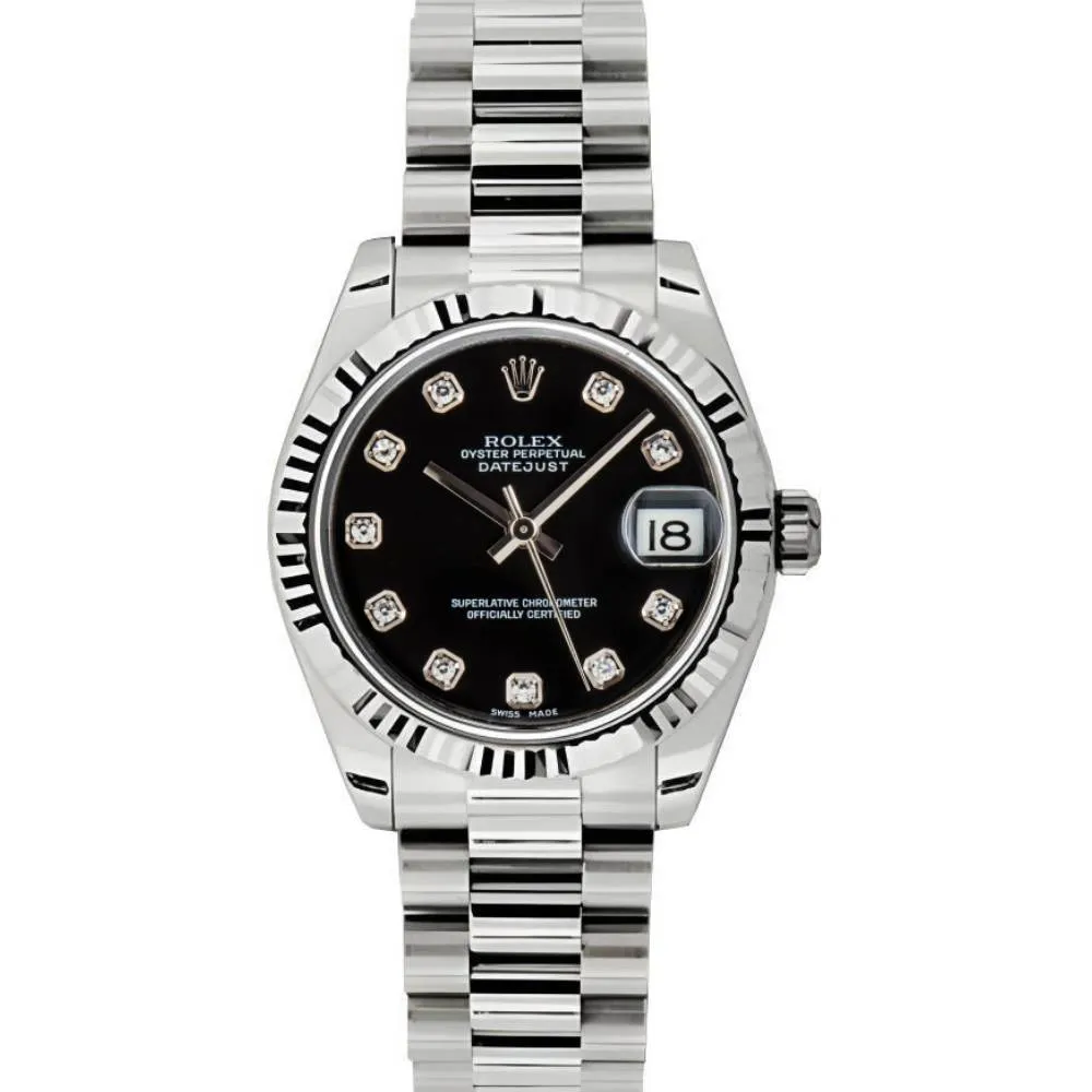 Rolex Datejust 31mm - Ref: 178279 bkdp - Black Dial & Diamond Bezel, 18K White Gold President Bracelet Women's Watch