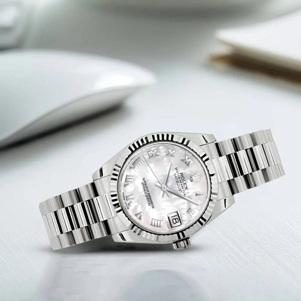 Rolex Datejust 31mm - Ref: 178279 mrp - White Mother of Pearl Dial, 18K White Gold President Bracelet Women's Watch