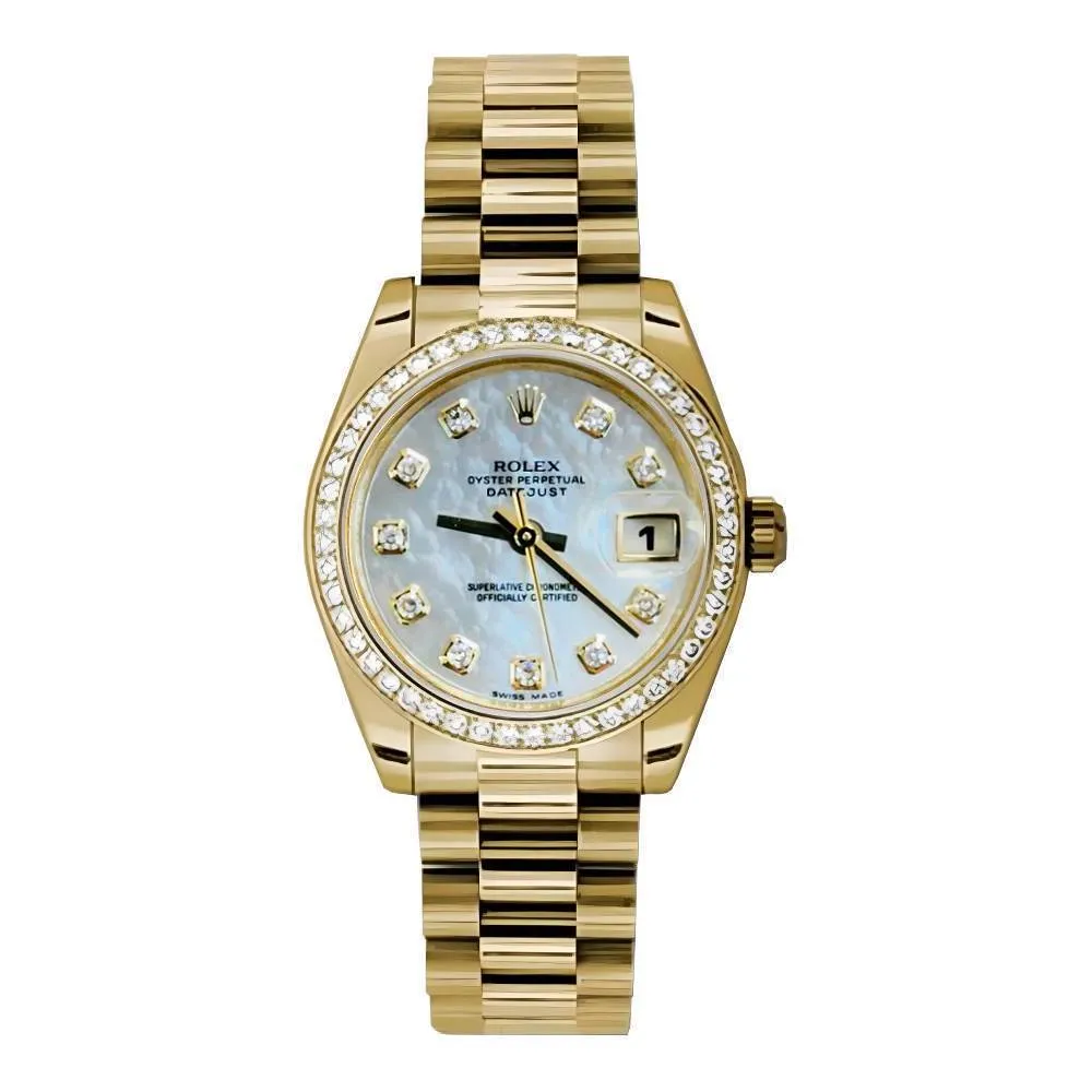 Rolex Datejust 31mm - Ref: 178288 mdp - White Mother of Pearl Dial & Diamond Bezel, 18K Yellow Gold President Bracelet Women's Watch